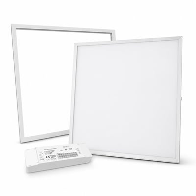 Komplet V-TAC LED-panel til Troldtekt-loft med hvid ramme, panel og dæmpbar driver, 36 W.