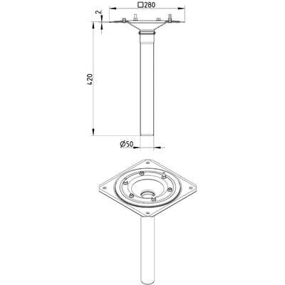 Teknisk tegning af Blücher underdel til tagafløb med flange 280x280mm og ø50mm lodret udløb.