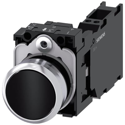 Siemens trykknap, 22mm, rund, sort, flad med metalfront og momentan kontakt.