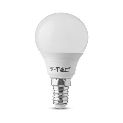V-TAC LED Pære, 4,5W, P45, E14 fatning og hvid, mat overflade, vist på hvid baggrund.