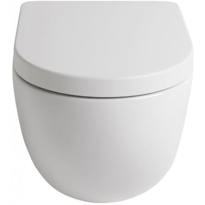 Lavabo File 2.0 væghængt toilet i mat hvid med afrundet form og uden skyllekant, set skråt forfra.