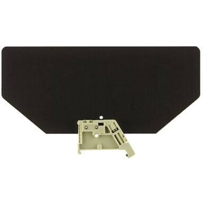 Weidmüller Endestop EP 2,35 i mørkebrun PA66 plastik til TS35 skinne, viser monteringsbeslag og selve endestoppen.