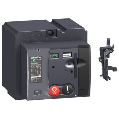 Schneider Electric motordrev MT100/160 til automatisk fjederopladning, vist med en separat monteringsdel til højre. Produktet har tydelige mærkningsplader og knapper til ON/OFF funktion.