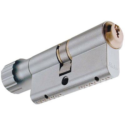 Assa Abloy indbygningscylinder 1605 + 10 + 10 i krom, vist skråt med cylinderkrop og nøgleåbning.