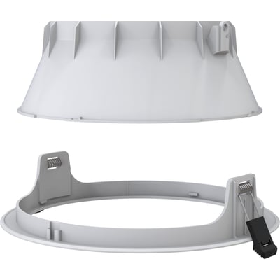 Komponenter til Ansell Lighting Comfort Downlight ACOM2/1, vist separat som overdel og monteringsring i hvid plast.