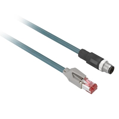 Schneider Electric PUR Ethernet kabel med lige M12 stik og RJ45 stik, 10 meter langt kabel i grå.