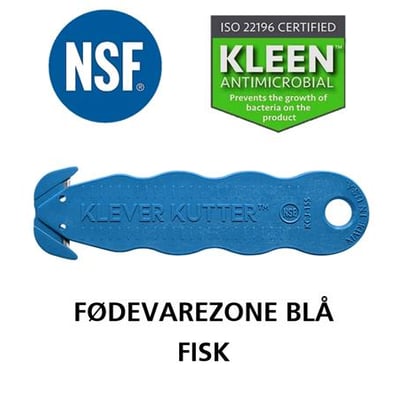 Blå Klever NSF sikkerhedskniv til fødevarezoner med skjult klinge, NSF og Kleen Antimicrobial certificeringer vist.