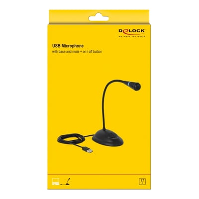 DeLOCK USB Gooseneck mikrofon med base og mute/on/off knap, vist på en gul baggrund med produktinformation.