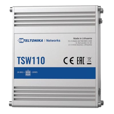 Teltonika TSW110 unmanaged switch med 5 porte og DIN-skinne montering, fremstillet i Litauen, med CE og EAC mærkninger.