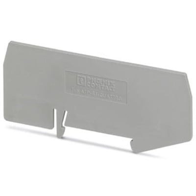 Nærbillede af Phoenix Contact ATP-ST-TWIN skillepladen, der viser den prægede logo og produktinformation i grå nuancer.