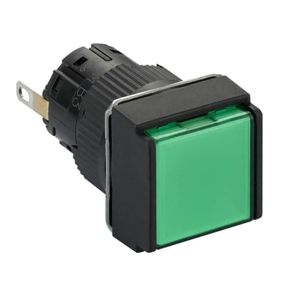 Schneider Electric rektangulært lampetryk med grøn knap og Ø16 mm montagediameter, med synlige kontakter bagpå.