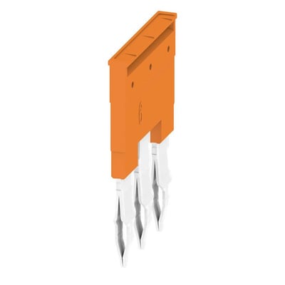 Detaljeret billede af Weidmüller Laske ZQV 6N/3 lasken, som viser den orange farve og de tre metalben med fjederterminaler.