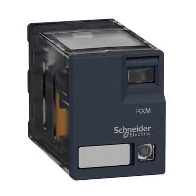 Schneider Electric RXM stikbensrelæ med 4CO kontakter, 6A mærkestrøm og 24VAC spænding med integreret LED-indikator.
