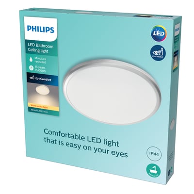 Philips Spray loftlampe i sølvfarvet emballage med LED-logo og 'Moisture resistant' mærkning, klar til montering.