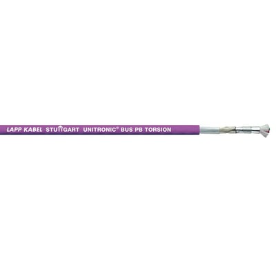 Lapp Unitronic bus PB torsion 1X2X0,8 kabel med lilla ydre kappe og afskærmede ledninger i enden.