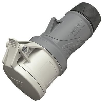 Mennekes PowerTOP Xtra R CEE-stik på 32 A, 4-polet og IP54, set skråt med lukket stikdæksel.