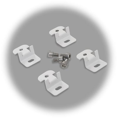 Fire hvide Fibox vægbeslag med monteringsskruer, designet til Arca vægskabe.