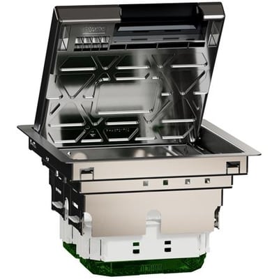 Lauritz Knudsen Gulvboks-M med 4 moduler, metal IP20, åben med synlige monteringsdetaljer og stikterminaler.