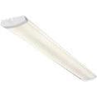 Hvidt, aflangt påbygningsarmatur med lysdiffuser fra Hide-a-lite, Liteline basic IP44 1200S, 38 W og 4000 K.
