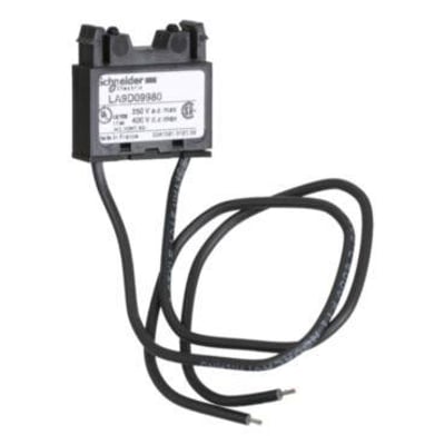 Schneider Electric overspændingsbegrænser LA9D09980 med ledninger og mærkat med produktinformation og godkendelsesmærker.