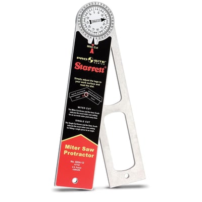 Starrett gradmåler 505A-12 med 300 mm ben og integreret vinkelmåler, ideel til præcise geringssnit. Den viser tydeligt instruktioner for brug og modelnummer.