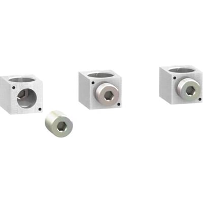 Tre Schneider Electric klemmesæt komponenter til 25-95mm2 kobber/aluminium kabler, vist separat og med fokuserede detaljer.