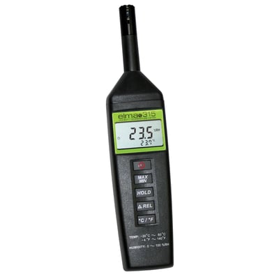 Elma 315 hygro-/termometer i sort med et grønt display, der viser 23.5% RH og 23.7 C.