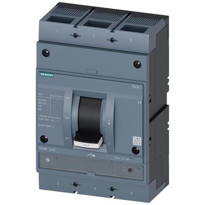 Siemens 3VA1 maksimalafbryder i grå plast med 1000A mærkat og betjeningshåndtag på hvid baggrund.