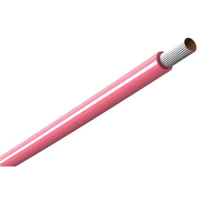 Amokabel Texiline HF90 TW monteringsledning på 0,75 mm² i pink/hvid, vist skråt med ledertrådene synlige i enden.