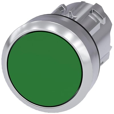 Siemens 22 mm trykknap med rund, flad grøn knap og skinnende metalring. Enheden har en låsende tryk-til-udløsningsmekanisme og er vist på en hvid baggrund.