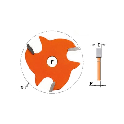CMT slidsfræser med dimensionstegning, der viser tykkelse (I), diameter (D), og snitdybde (P).