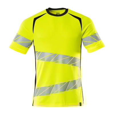 Mascot T-shirt 19082-771 i fluorescerende gul med sorte detaljer og reflekser på en hvid baggrund, str. M.