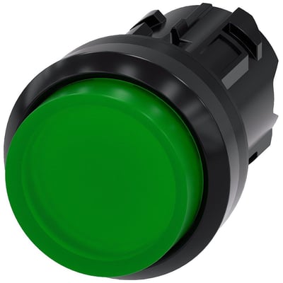 Siemens trykknap med 22 mm diameter og rund, grøn plastikknap, vist isoleret på hvid baggrund.