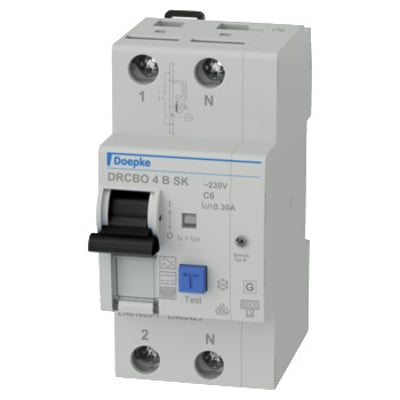 Doepke DRCBO4 kombiafbryder med C6A, 300mA udløserstrøm og Type B SK karakteristik, 1P+N og 6kA brydeevne monteret på din-skinne.