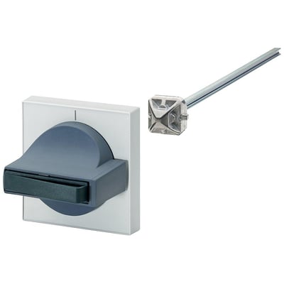 Siemens 8UC7 dørbetjeningshåndtag i mørkeblå/blågrøn med lysegrå ramme og tilhørende aksel.