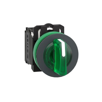 Nærbillede af Schneider Electric Harmony XB5/ZB5 drejegreb, viser den grønne LED-ring og 1NO+1NC kontaktelementet bagpå.