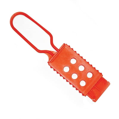 Brady nylon lockout hasp i orange, med plads til seks hængelåse på hvid baggrund.