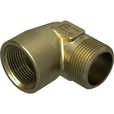 Vinkel fitting i messing med forkromet overflade, 90 graders bøjning og 3/8" gevind i begge ender, med tydelig EZ-logo.
