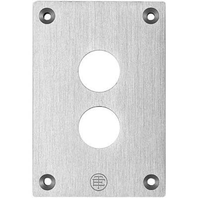 Schneider Electric XAP E serie frontplade i anodiseret aluminium med to huller til Ø22 mm enheder og monteringshuller.