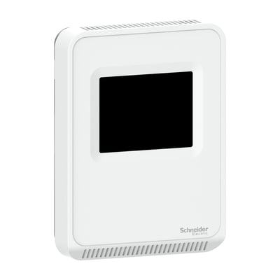 Schneider Electric luftkvalitetssensor SLP-serie med touch-skærm i mat hvid til CO2 og temperaturmåling, med BACnet MSTP/Modbus. Produktet er vist på hvid baggrund.