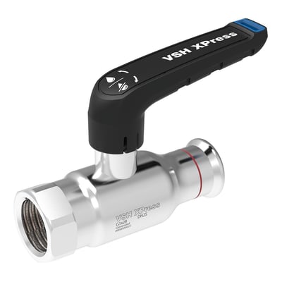 VSH XPress FZ kugleventil med G2" gevind og 54mm presfitting i forzinket stål med lav spindel og sort greb.