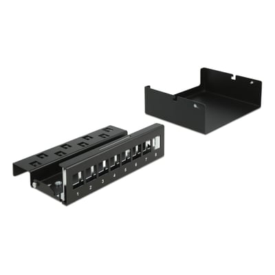 DeLock 8-ports Keystone patch panel i sort metal, vist med en aftagelig DIN-skinne monteringsclips på hvid baggrund.