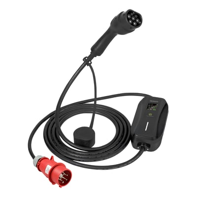 Komplet Deltaco E-Charge Mode 2 ladekabel med en sort Type 2 ladeport og et rødt CEE 16A stik, liggende med den sorte kontrolboks og LED-display.