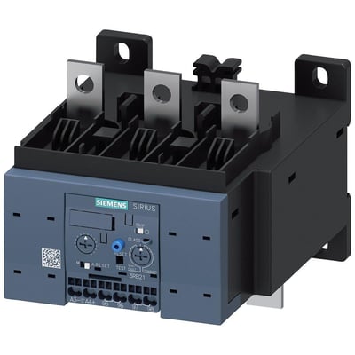 Siemens SIRIUS overbelastningsrelæ størrelse S6, 50-200A, med fjederklemmer og manuel/automatisk nulstilling, klar til montering.
