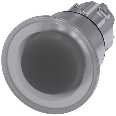 Siemens 22mm rundt paddetryk med lys, metal, skinnende finish og 40mm højde, klar aktuator vist på hvid baggrund.