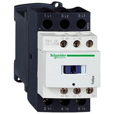 Detaljeret billede af Schneider Electric TeSys D kontaktor, viser 24V DC spole, 1 NO/1NC kontakter og skrueterminaler på hvid baggrund.