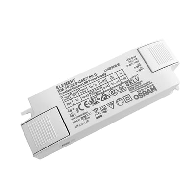 Osram 30W LED driver, model EM 30/220-240/700 II, med 700 mA og 27-42V spændingsområde. Hvid, rektangulær enhed med tydelige mærkninger og logoer.