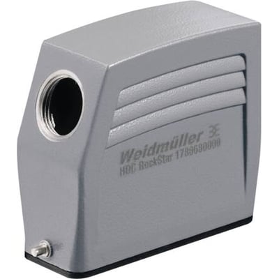 Weidmüller HDC industristik kabelhus, størrelse 5, med PG16 kabelindgang i siden og 1 bøjle i grå plast.