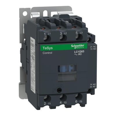 Schneider Electric TeSys Deca kontaktor med 3 poler, 65A og 1NO/1NC hjælpekontakt, monteret på en metalplade.