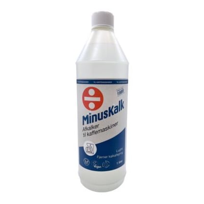 Flaske med Minus Kalk kalkfjerner til kaffemaskiner, 1 liter, med hvid flaske og blå-hvid etiket.